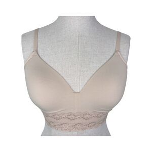 Natori Bliss Perfection Wireless Bra sz 32D Beige Tan Lace Trim Soft Cup Comfy